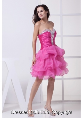 Hot Pink Beading Ruffled Layers Knee-length Prom Dress