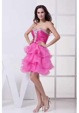 Hot Pink Beading Ruffled Layers Knee-length Prom Dress