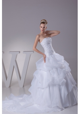 Lace and Pick Up Strapless Court Train A-Line Wedding Dress