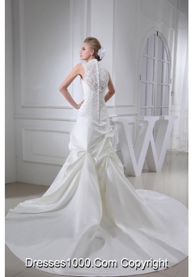 Lace Pick-ups V-neck Mermaid Chapel Train Wedding Dress