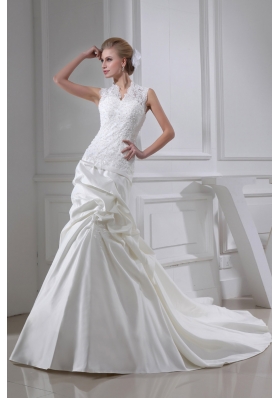 Lace Pick-ups V-neck Mermaid Chapel Train Wedding Dress