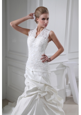 Lace Pick-ups V-neck Mermaid Chapel Train Wedding Dress