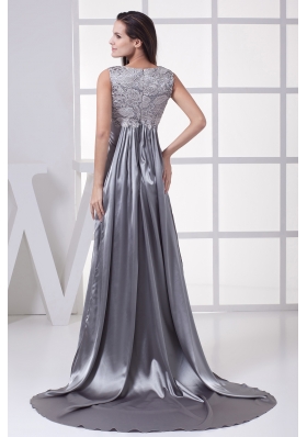 Lace Scoop Grey Column Brush Train Prom Dress