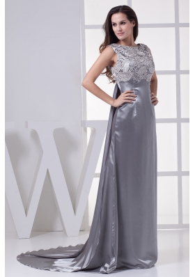 Lace Scoop Grey Column Brush Train Prom Dress