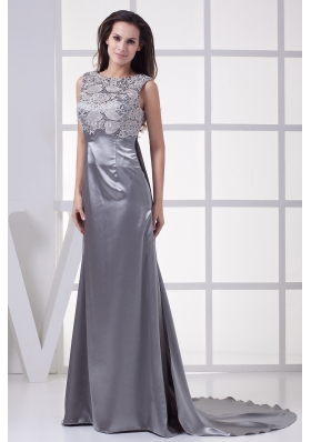 Lace Scoop Grey Column Brush Train Prom Dress