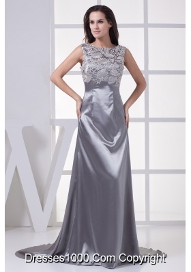 Lace Scoop Grey Column Brush Train Prom Dress