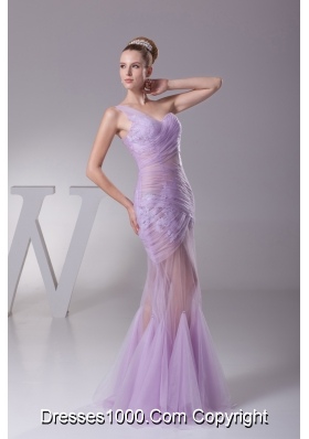 Lavender One Shoulder Mermaid Ruching Appliques Prom Dress