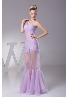 Lavender One Shoulder Mermaid Ruching Appliques Prom Dress