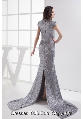 Mermaid Cap Sleeves Scoop Gray Sequin Prom Dress