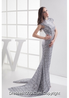 Mermaid Cap Sleeves Scoop Gray Sequin Prom Dress