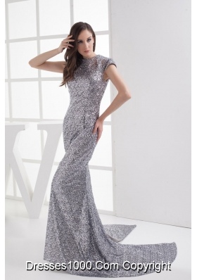 Mermaid Cap Sleeves Scoop Gray Sequin Prom Dress