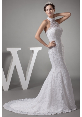 Mermaid Halter Top Lace Court Train Wedding Dress