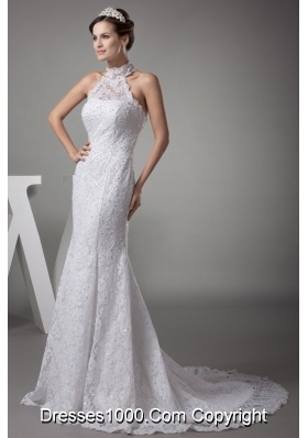 Mermaid Halter Top Lace Court Train Wedding Dress