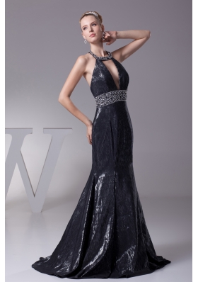 Mermaid Halter Top Mermaid Beading Black Prom Dress