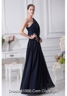 Navy Blue One Shoulder Beading Empire Prom Dress