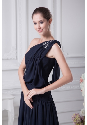 Navy Blue One Shoulder Beading Empire Prom Dress