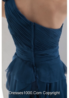 Navy Blue One Shoulder Ruching Mini-length Prom Dress