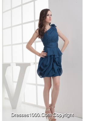 Navy Blue One Shoulder Ruching Mini-length Prom Dress