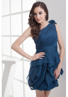 Navy Blue One Shoulder Ruching Mini-length Prom Dress