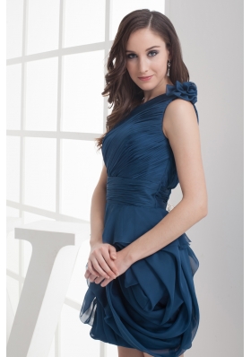 Navy Blue One Shoulder Ruching Mini-length Prom Dress