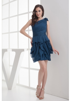 Navy Blue One Shoulder Ruching Mini-length Prom Dress