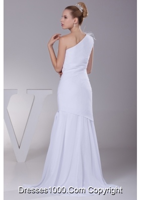 One Shoulder Chiffon Mermaid Feather Brush Train Wedding Dress