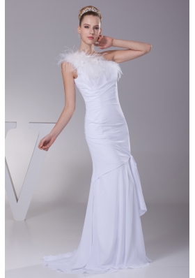 One Shoulder Chiffon Mermaid Feather Brush Train Wedding Dress