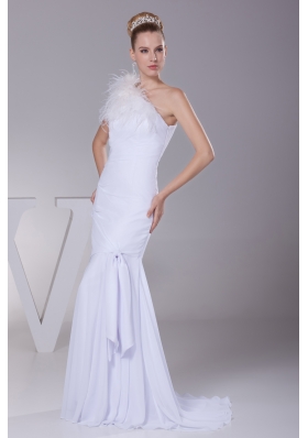 One Shoulder Chiffon Mermaid Feather Brush Train Wedding Dress