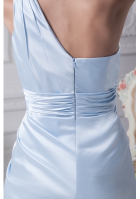 One Shoulder Light Blue Ruching Ankle-length Prom Dress