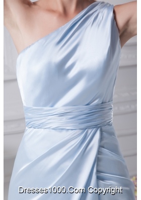 One Shoulder Light Blue Ruching Ankle-length Prom Dress