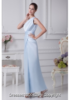 One Shoulder Light Blue Ruching Ankle-length Prom Dress