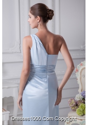 One Shoulder Light Blue Ruching Ankle-length Prom Dress