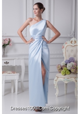 One Shoulder Light Blue Ruching Ankle-length Prom Dress