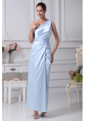 One Shoulder Light Blue Ruching Ankle-length Prom Dress