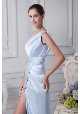 One Shoulder Light Blue Ruching Ankle-length Prom Dress