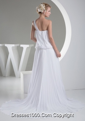 One Shoulder Pleats Brush Train A-line Wedding Dress