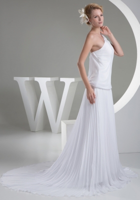 One Shoulder Pleats Brush Train A-line Wedding Dress