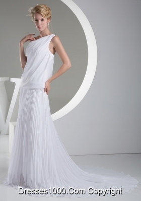 One Shoulder Pleats Brush Train A-line Wedding Dress