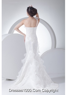 One Shoulder Ruffles Mermaid Appliques Wedding Dress