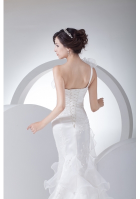 One Shoulder Ruffles Mermaid Appliques Wedding Dress