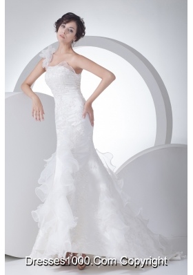 One Shoulder Ruffles Mermaid Appliques Wedding Dress