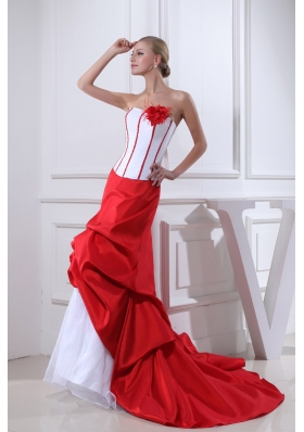 Pick-ups Mermaid Strapless Hand Made Flower Court Train Red Wedding Dress