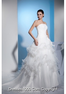 Pleats Strapless Ball Gown Beading Court Train Wedding Dress