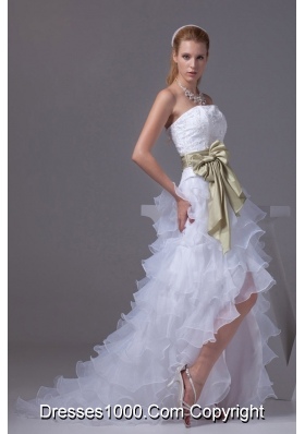 Princess High-low Sash Ruffled Layers Embroidery Wedding Dress