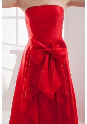 Red A-line Bowknot Brush Train Taffeta Prom Dress