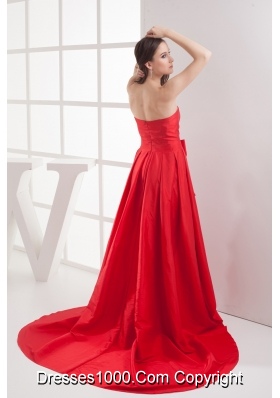 Red A-line Bowknot Brush Train Taffeta Prom Dress