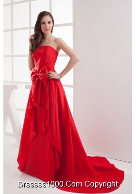 Red A-line Bowknot Brush Train Taffeta Prom Dress