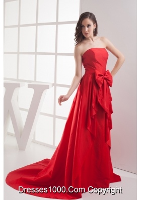 Red A-line Bowknot Brush Train Taffeta Prom Dress