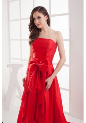 Red A-line Bowknot Brush Train Taffeta Prom Dress