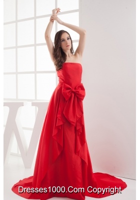 Red A-line Bowknot Brush Train Taffeta Prom Dress